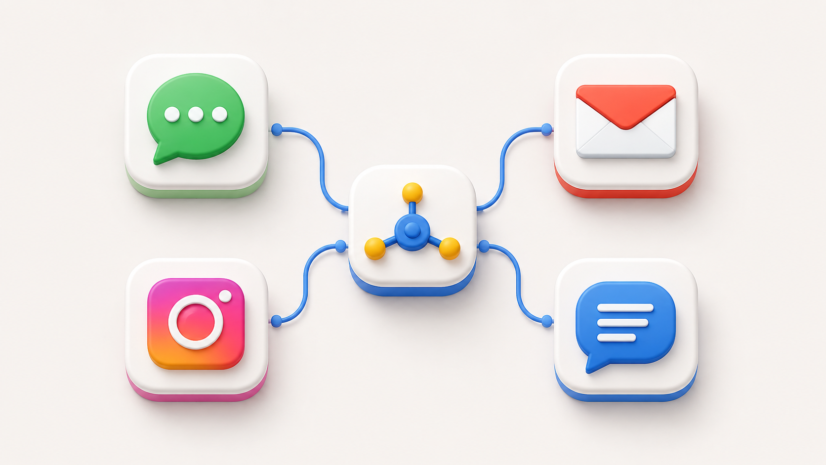 Cartoon illustration of messaging channels connecting to an automation hub