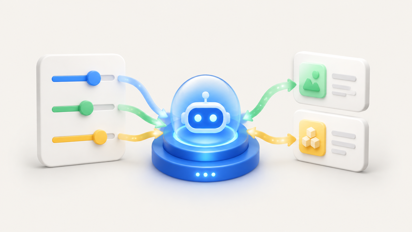Cartoon illustration of an AI assistant learning from settings and business knowledge